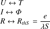 Équation en notation Latex : U\leftrightarrow T
\newline
I\leftrightarrow\varPhi
\newline
R\leftrightarrow{R_{thS}}=\frac{e}{\lambda S}